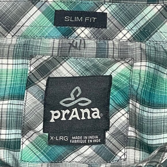 Prana Mens Slim Fit XL Green/Gray Plaid Short Sleeve Button-Up Shirt X-Large - Picture 5 of 12